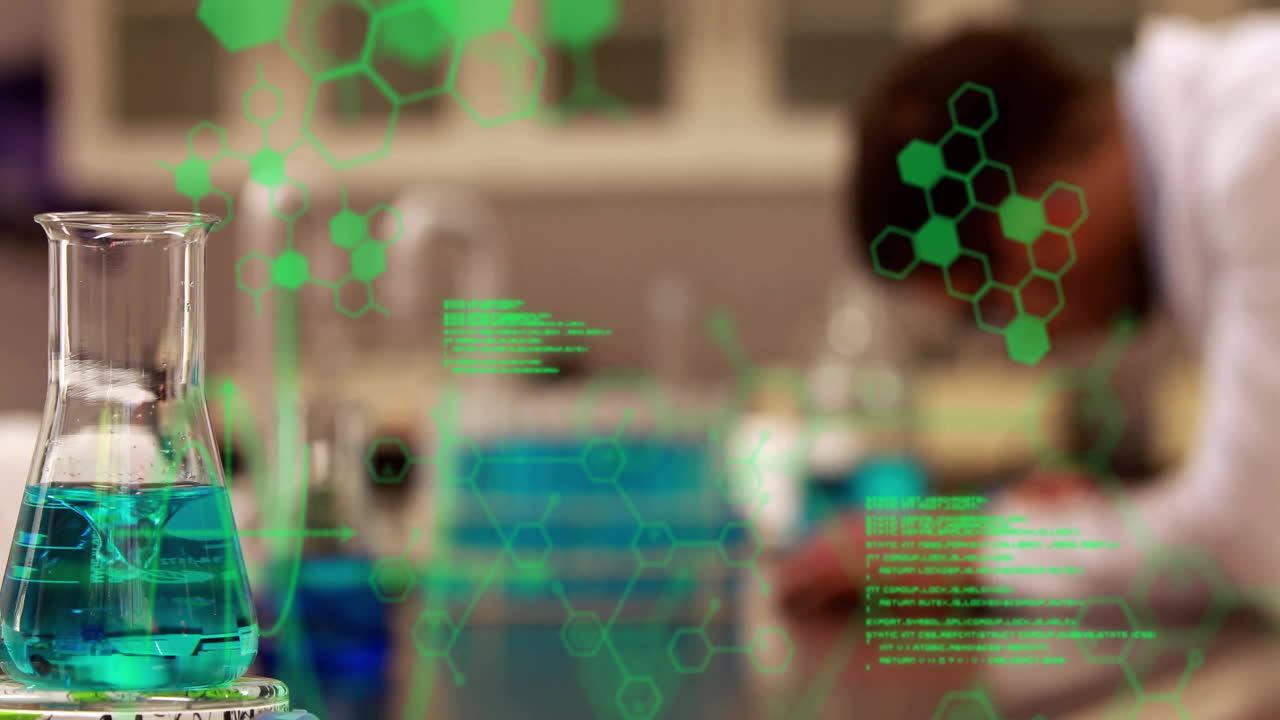 fórmulas químicas y estructuras moleculares animación sobre el científico que trabaja en el laboratorio