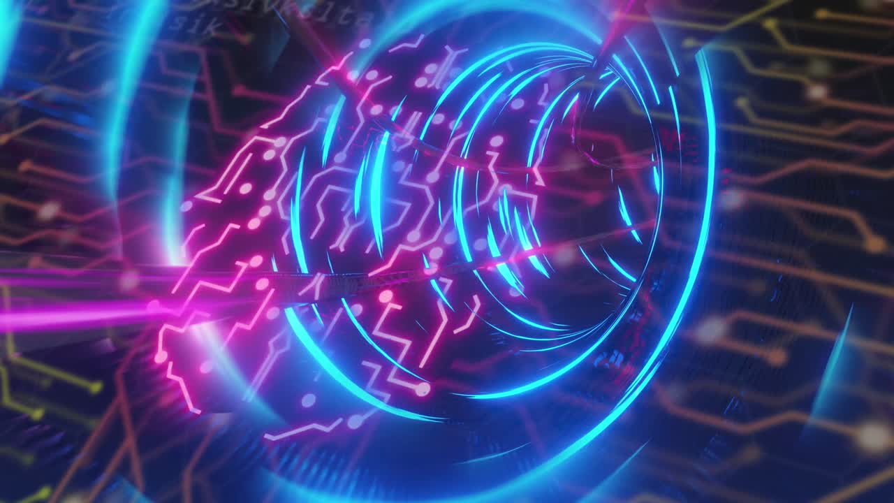 animación del candado de seguridad en línea, procesamiento de datos de neón a través de una placa de circuitos informáticos