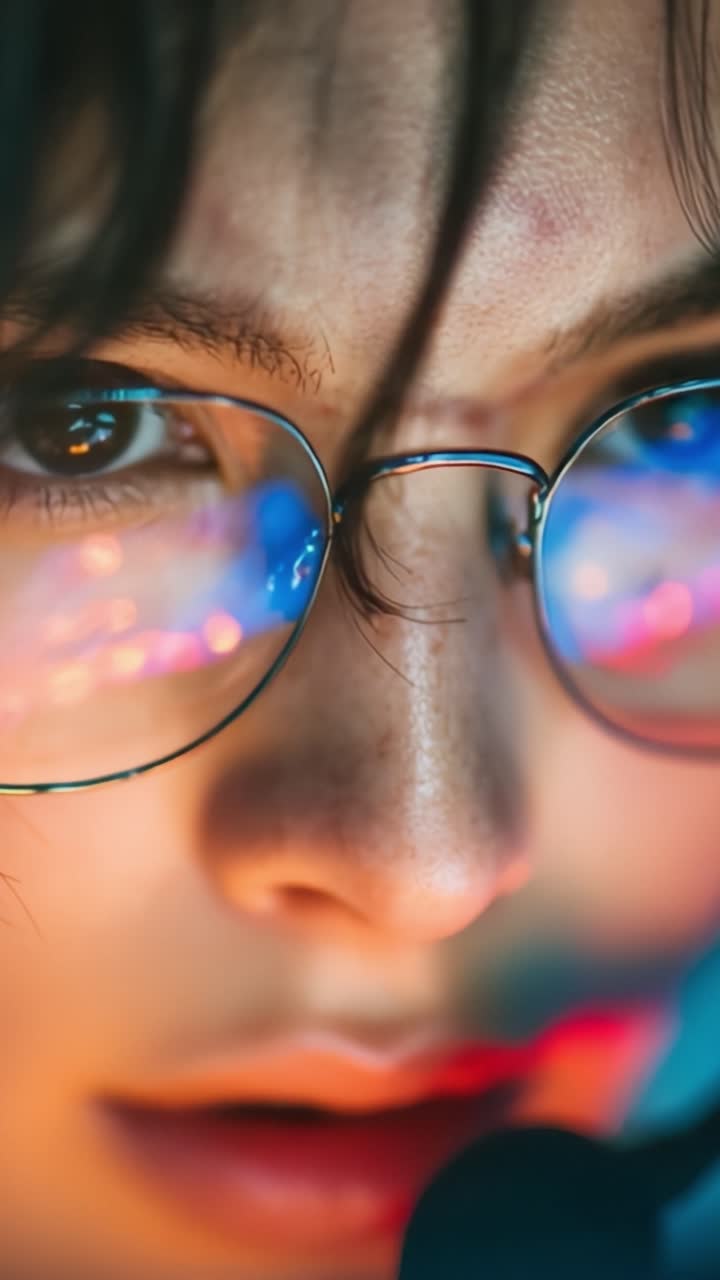 Un primo piano che cattura l'intensità negli occhi di una persona con gli occhiali, enfatizzando riflessione ed emozione in un ambiente colorato.