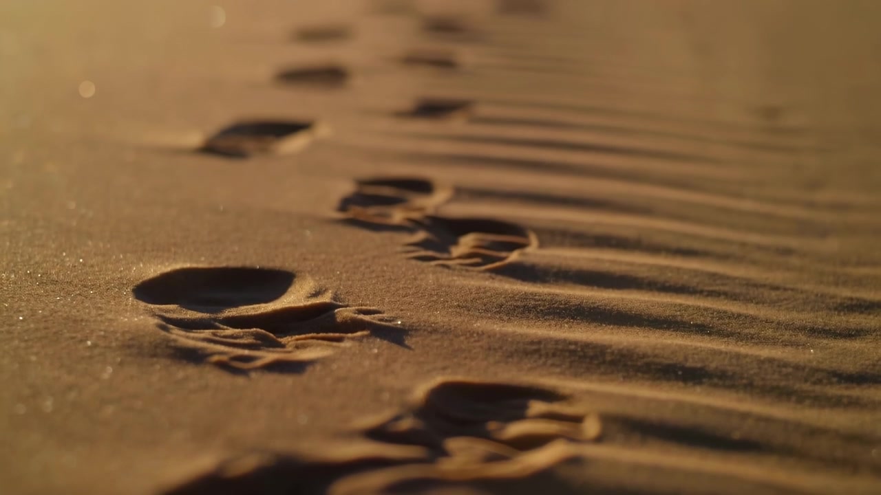 Impronte leggere e avvallamenti attraversano sabbia dorata e calda in un percorso diagonale, con una texture granulare nitida vicino all'osservatore e segni più morbidi che sfumano dolcemente in lontananza sotto ombre illuminate dal sole.