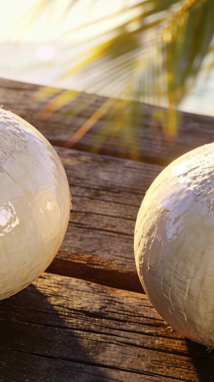 Vertical video: Showing two pale spheres catching shifting sun on wooden plank, breeze moving frond