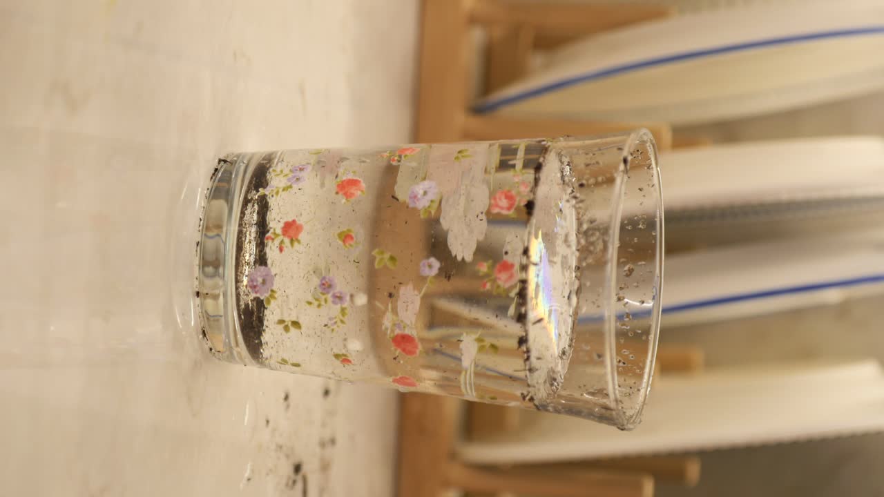 Vaso de agua sucia en la mesa