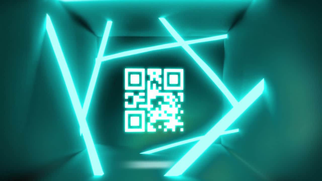 animación del procesamiento de datos de código qr sobre líneas verdes de neón de fondo