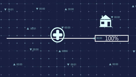medical progress animation with house icon and 100% completion on grid background