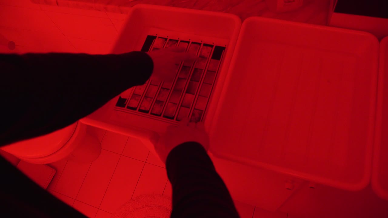 집에서 만든 어두운 방에서 접촉 시트를 개발하는 남자의 1인칭 시점