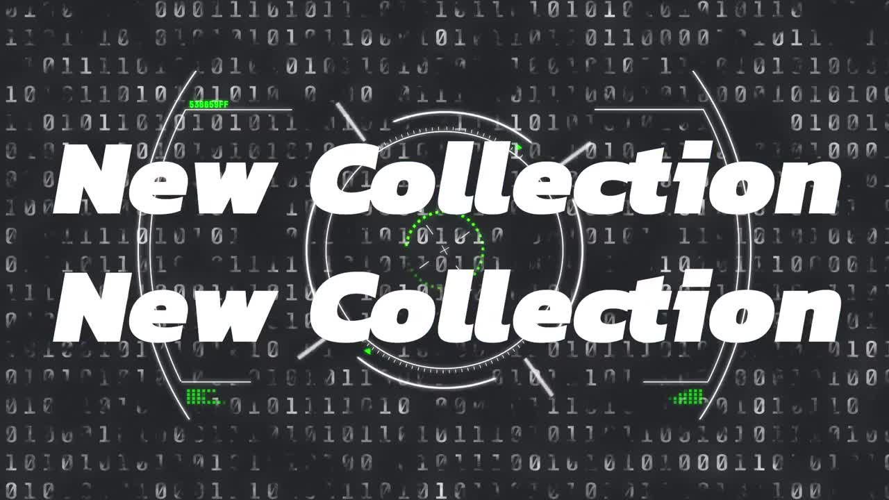 Animation of new collection in white text with colourful distortion over scope and binary on black