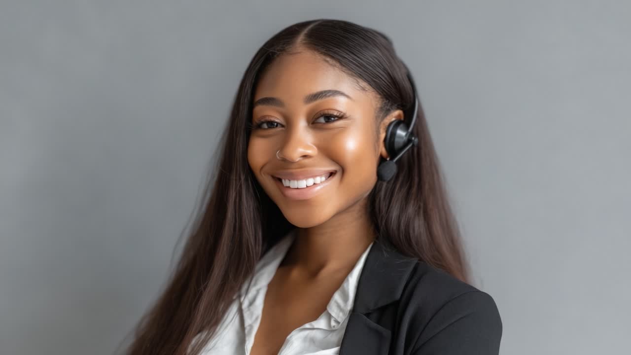 Mulher de negócios confiante sorrindo com fone de ouvido contra um fundo cinza: um retrato profissional que captura positividade e determinação no local de trabalho