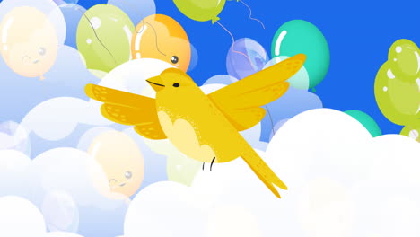 animación de globos coloridos volando y pájaro sobre el cielo nublado
