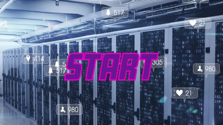 Animation af lilla tekst, der starter, med notifikationer fra sociale medier over et computerserverrum