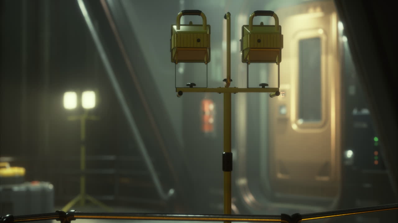 Illuminated yellow lanterns stand guard in a futuristic industrial setting