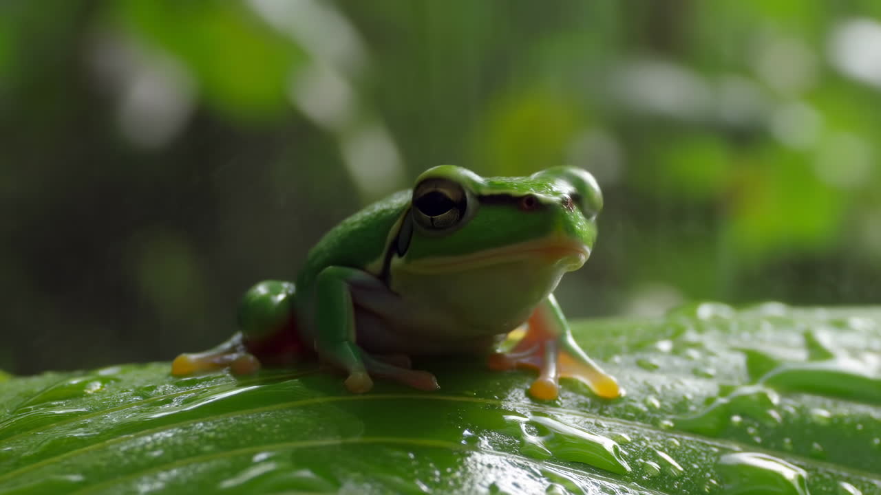 Green Tree Frog On Wet Leaf, Rainforest Understory, Dewy Droplets Glistening, Shallow Depth Of Field,
