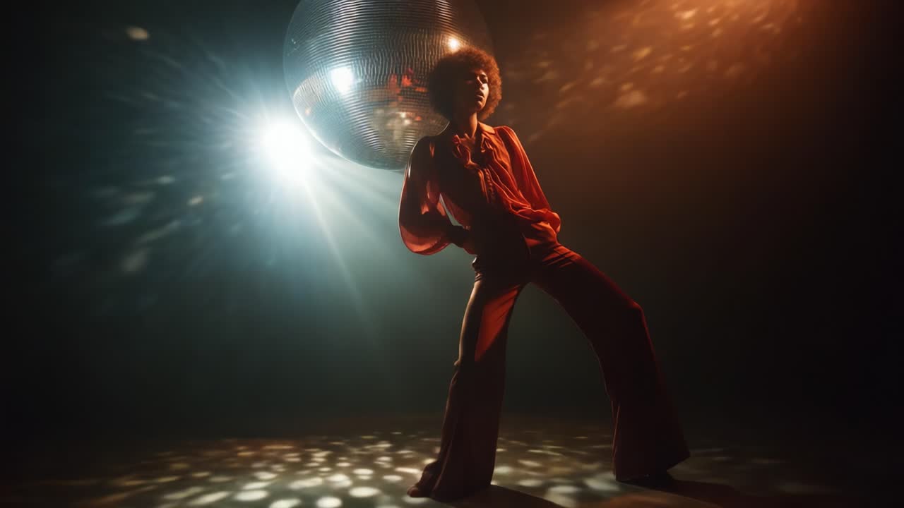 Captivating Dance Performance Under Shimmering Disco Ball: A Journey Through Movement, Rhythm, and Style, Highlighting Confidence and Glamour in a Vibrant, Colorful Atmosphere of Joyful Energy