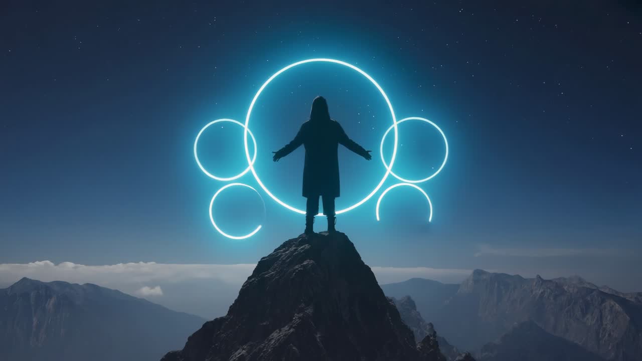 Silhouette on Mountain Peak with Glowing Circles Under Starry Sky