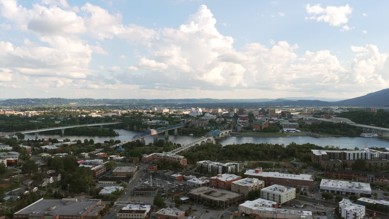 Panoramic aerial shot of Chattanooga with the Tennessee River winding through the city, connecting bridges and neighborhoods under a vivid sky