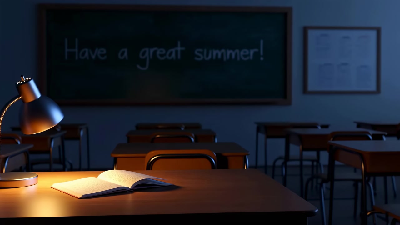 a serene and quiet classroom scene with a wooden desk, metal lamp, and paper book in a school environment, viewed from the front with a fixed perspective, featuring blue and white walls.