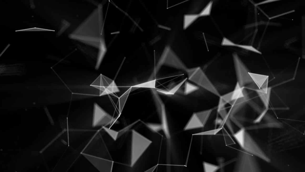Abstract animation of a white plexus network with moving nodes, lines, and triangles on a black background. Represents technology, data, AI, and digital connection. Seamless loop