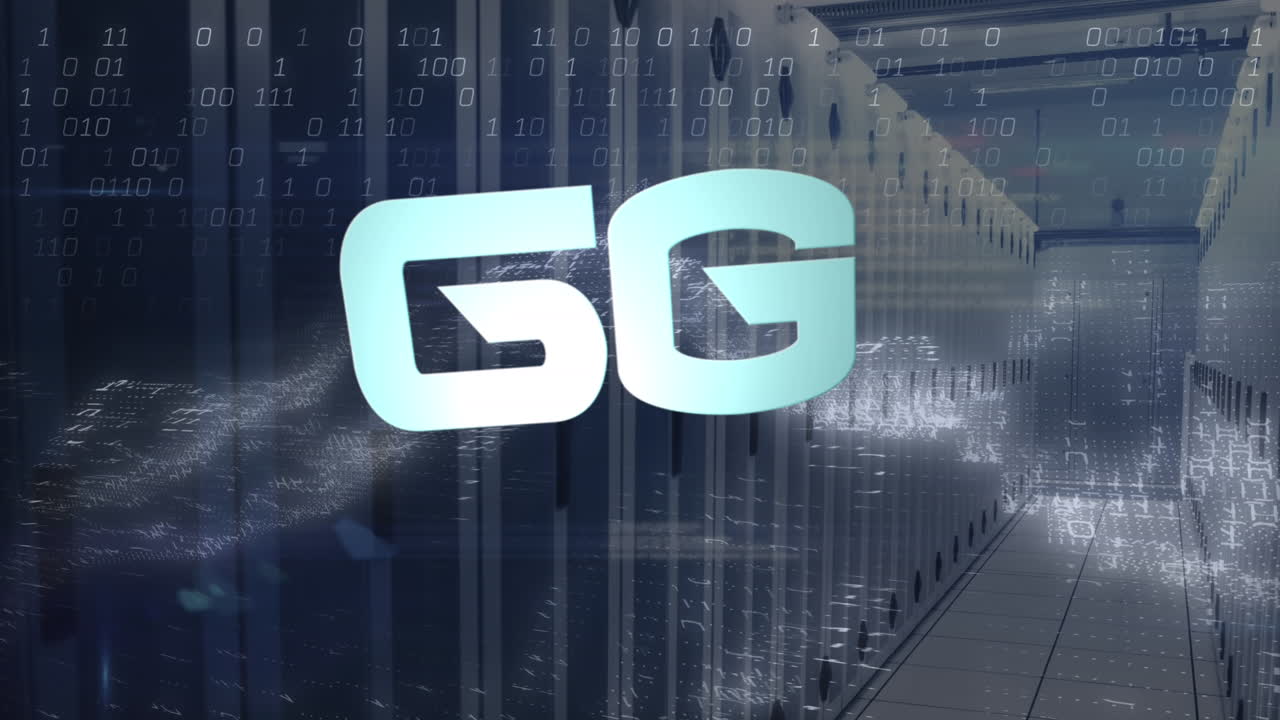 Animation of 6g text, binary codes and dynamic waves over data server room