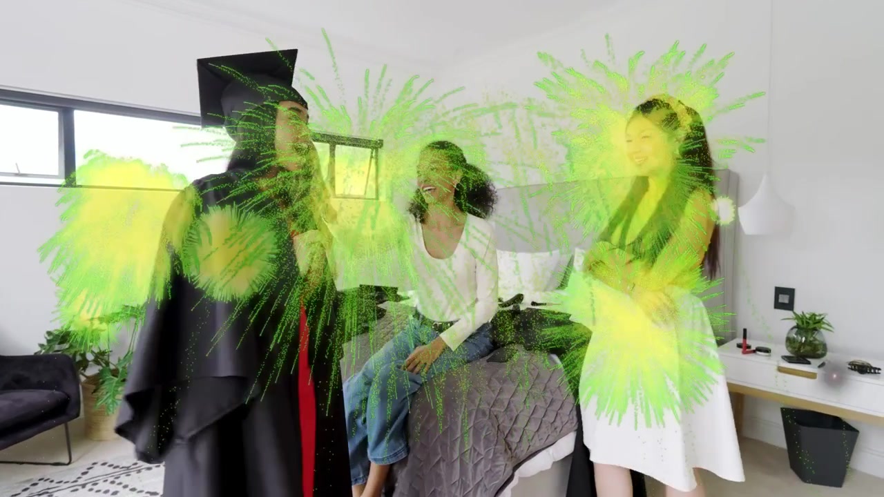 Formanda chegando, mulheres arrumando beca e capelo ao lado da cama para a formatura, rajadas verdes se sobrepondo.