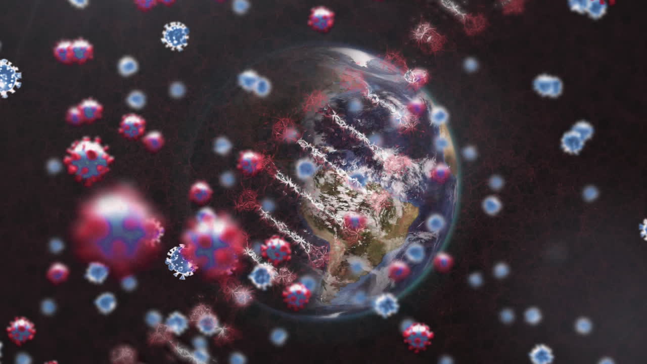 Struttura del DNA e cellule Covid-19 su sfondo di globo in rotazione