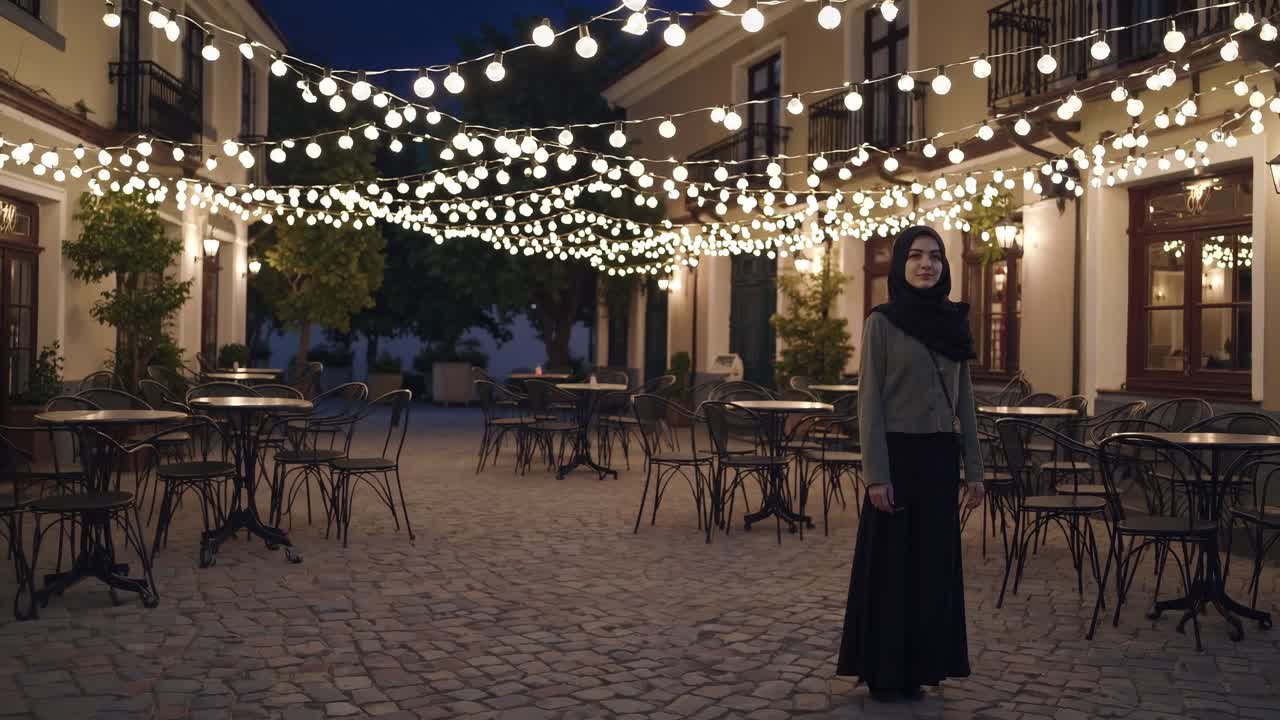 Woman in Hijab at a Night Cafe