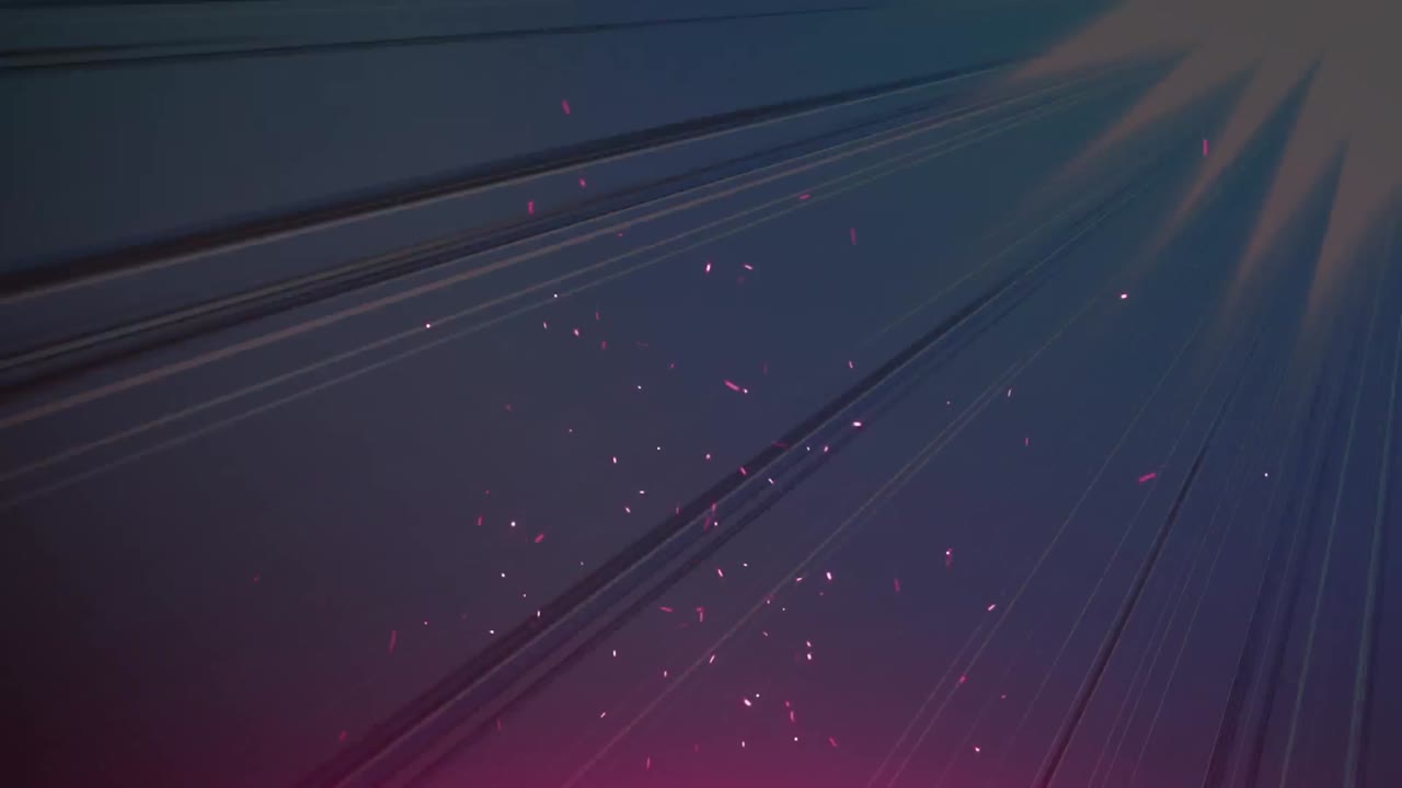Animation of floating red and white particles with flickering light beams, on dark background