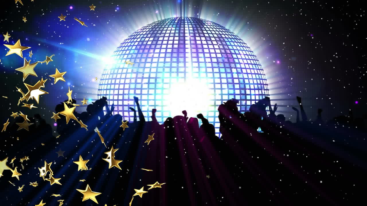 animación de bola de discoteca y estrellas sobre siluetas de personas bailando sobre un fondo negro