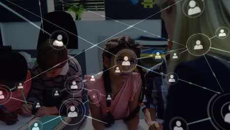 animation of network of connections over happy diverse teacher and schoolchildren