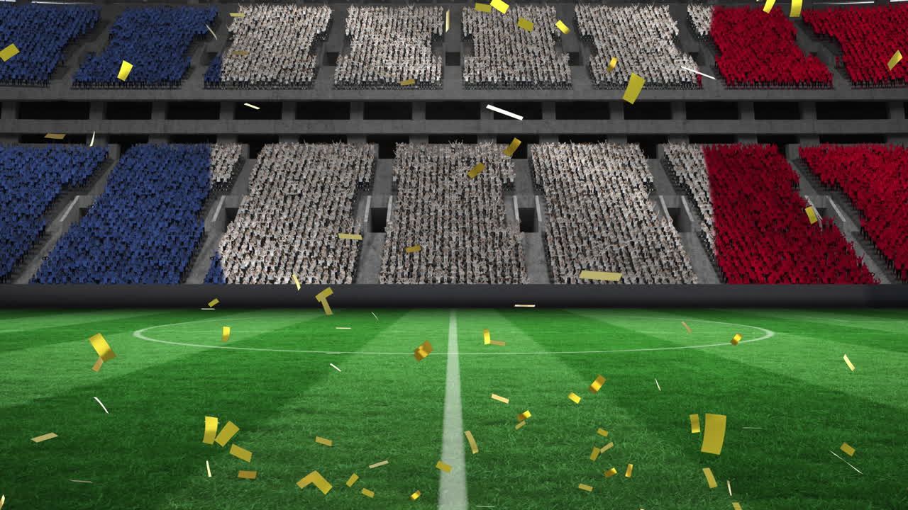 Animation of gold confetti falling over flag of france in sports stadium