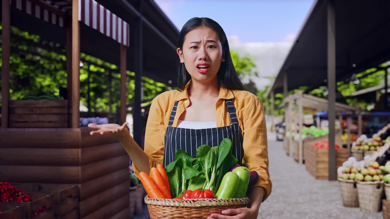 Agricultora asiática con una cesta de verduras mostrando un gesto de confusión y diciendo «¿Qué?» en un mercado agrícola