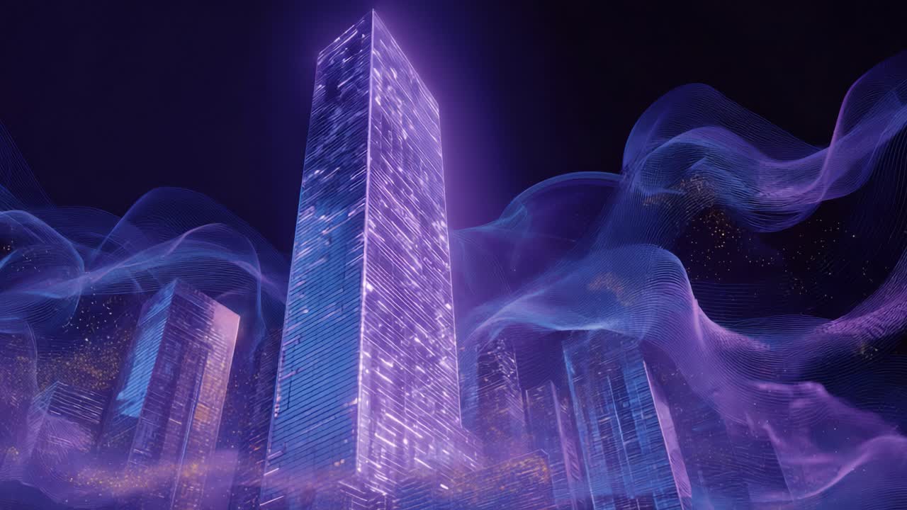 Digital city with futuristic purple neon buildings glowing at night and surrounded by flowing particle data streams, representing concepts like big data, the metaverse, and smart city technology
