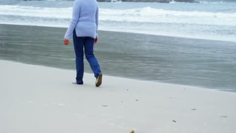 Vista-Trasera-De-Una-Mujer-Mayor-Caminando-Por-La-Playa.