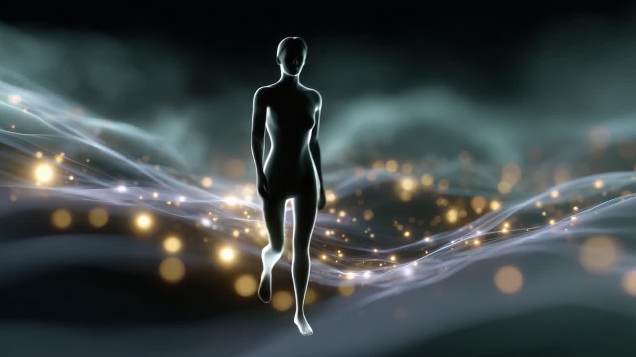 Eine ätherische Gestalt schreitet anmutig durch eine Welle schimmernder Lichter und weichen Nebels, während die Umgebung mit einem magischen, traumähnlichen Ambiente und Eleganz zum Leben erwacht.