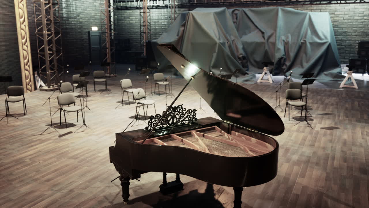 An old opera house prepared for a musical rehearsal with grand piano setup