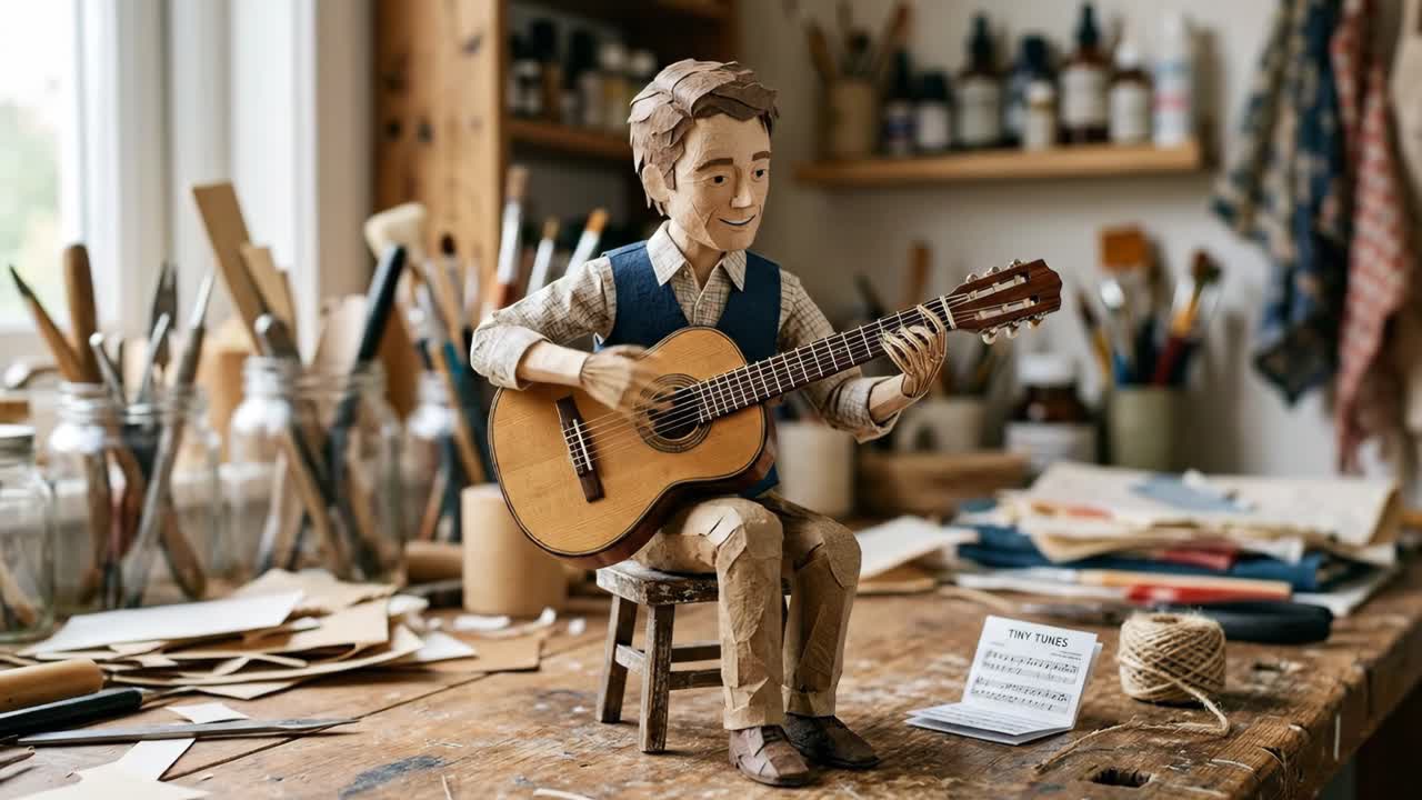 Stop Motion Paper Figure Playing Acoustic Guitar in a Workshop