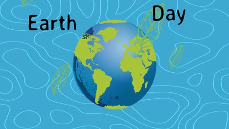 animation of earth day text over arms globe and leaves on blue background