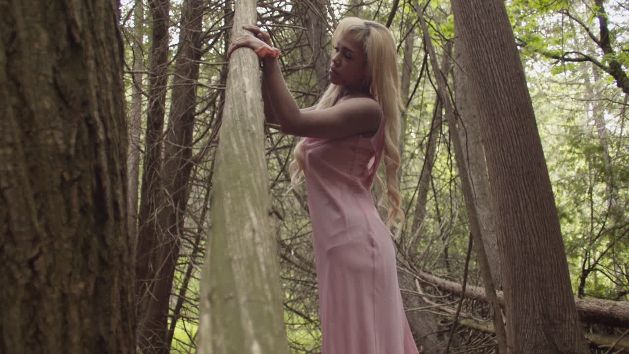joven mujer de ébano con cabello largo y rubio, vestida con un vestido rosa, se apoya contra un árbol caído. corre con las manos a lo largo del tronco, mirando seductoramente a la cámara. disparo de cámara de mano.