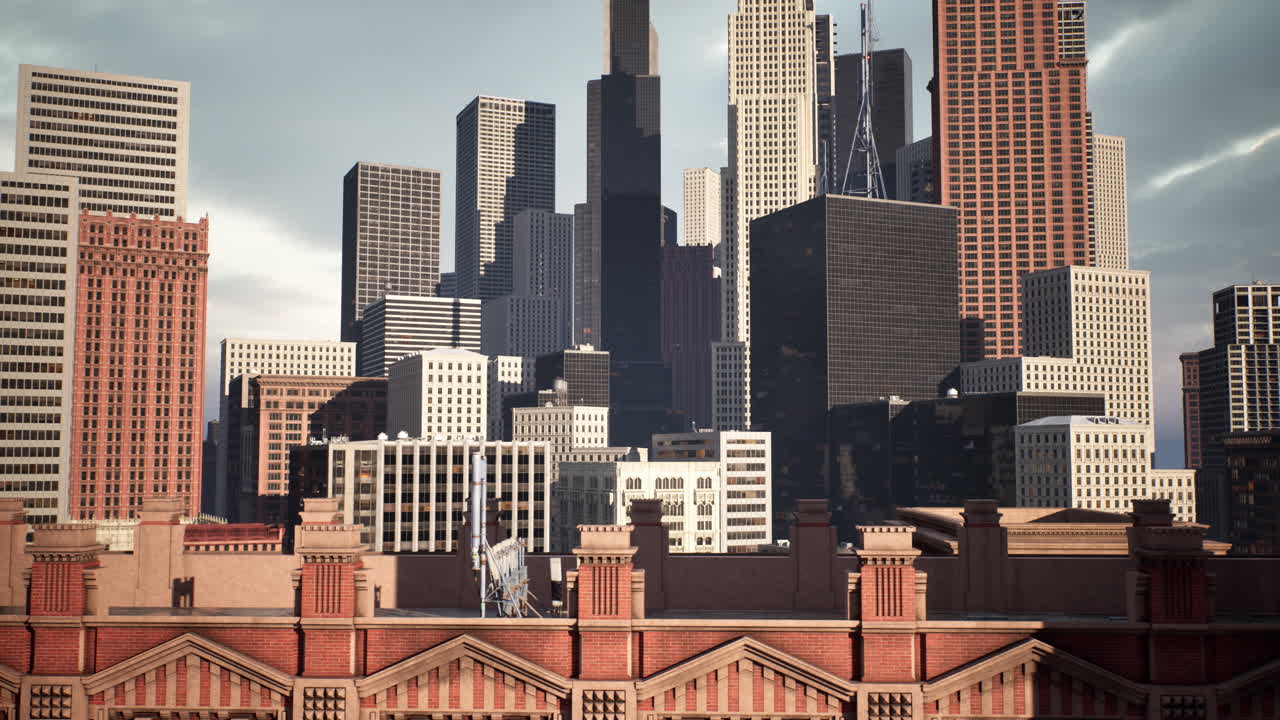 해가 지는 맨해튼 스카이라인의 공중 전망