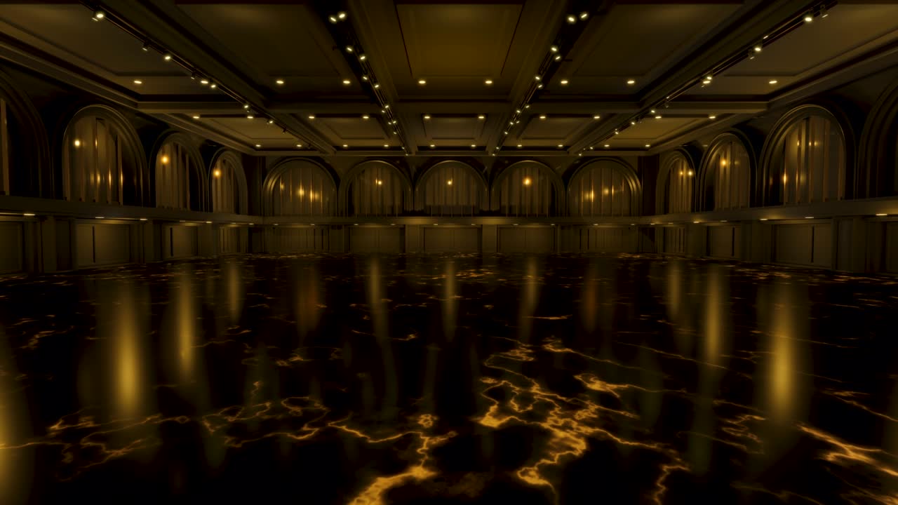 조명과 함께 빈 홀 컨벤션. 스탠드, 부스, 제품, 컨퍼런스, 온라인을위한 큰 방을위한 모션 배경. 엔터테인먼트, 콘서트, 이벤트, 스포츠, 라이브를위한 3d 배경.