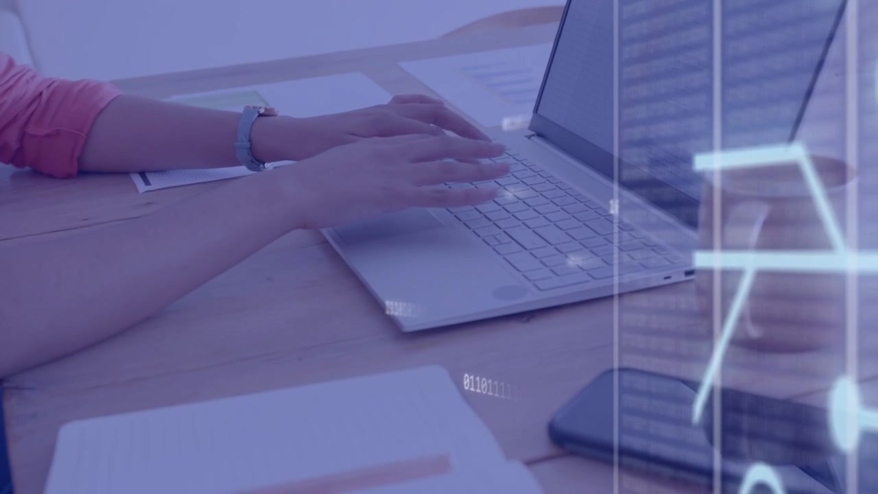 Office worker placing fingers on keyboard and typing for work, binary overlay shifting over laptop