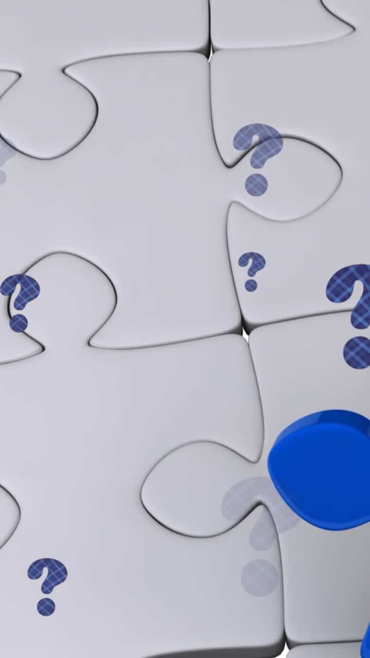 animación de signos de interrogación sobre rompecabezas blancos