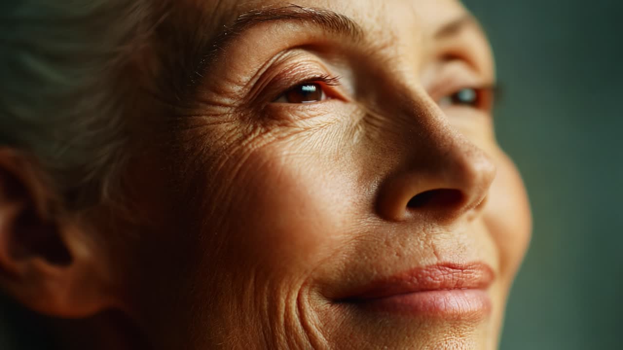 Capturing the Essence of Serenity: A Close-Up Portrait of an Aging Woman with a Contented Expression, Illuminating the Beauty of Grace and Experience through Life's Journey