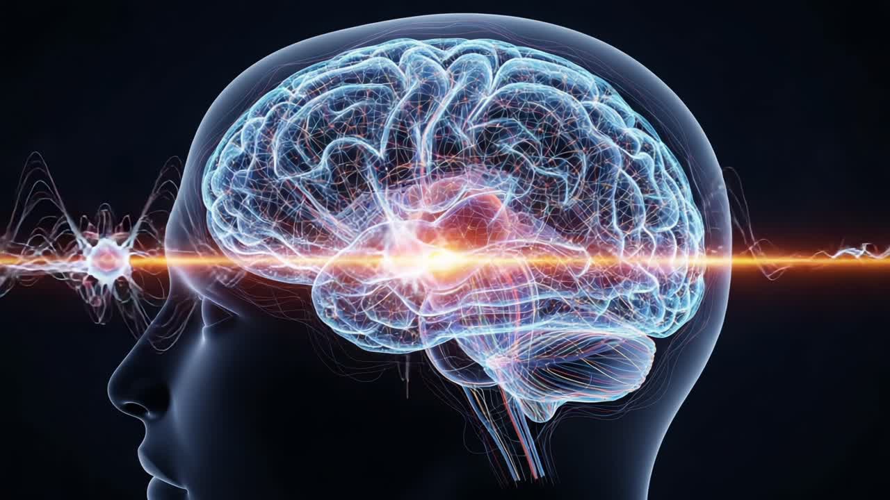 Fascinating Visualization of a Human Brain Processing Information with Energy Waves Emitting from Its Core, Representing Cognitive Dynamics and Neural Activity