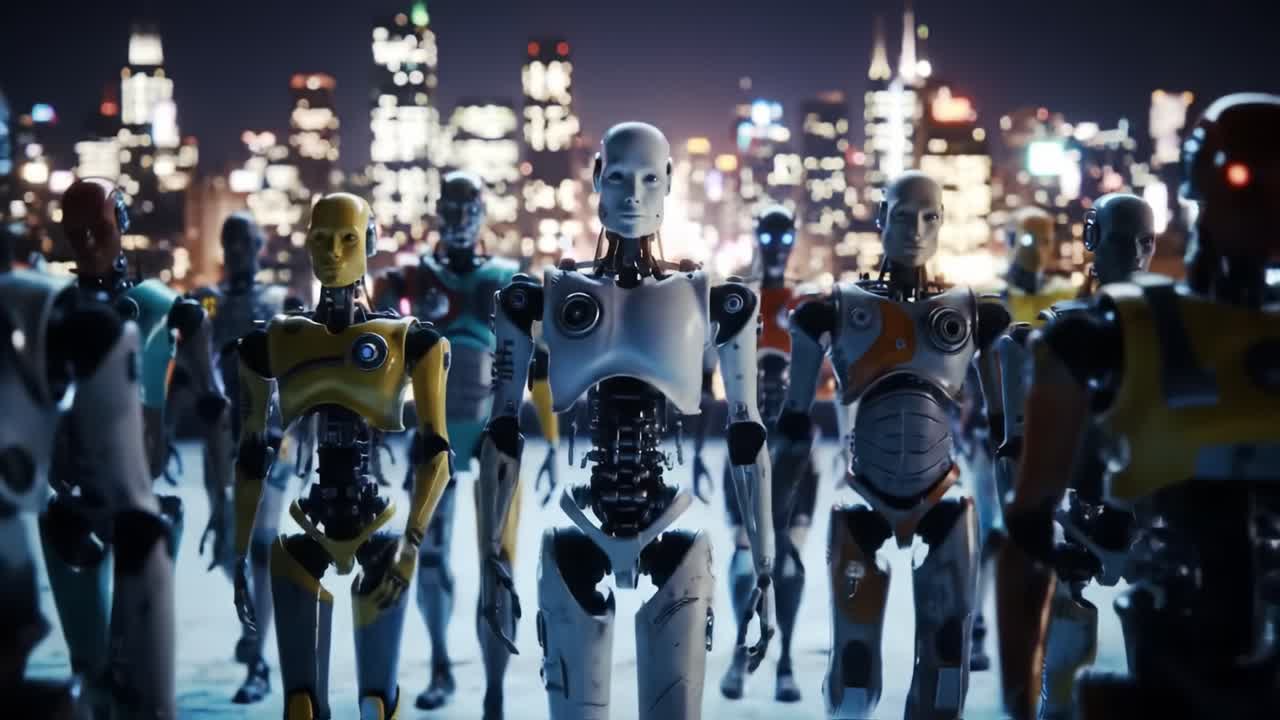 A Gathering of Futuristic Robots in a Neon Cityscape: A Pioneering Glimpse into Technological Evolution and Artificial Intelligence Advancements Amidst Urban Splendor