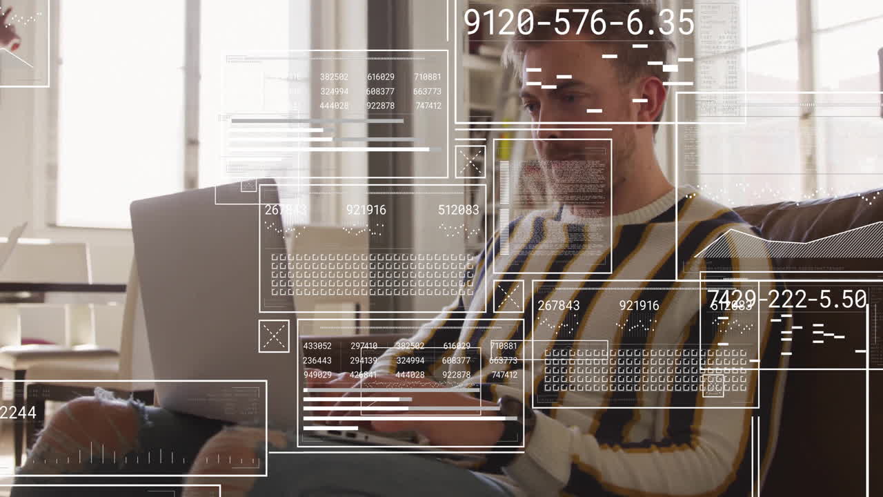 Animation of financial data processing over caucasian man using laptop