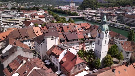 Olten old town square clock tower Switzerland Solothurn canton aerial drone