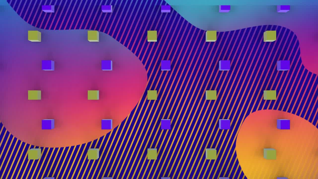Animation of 3d cubes moving in seamless pattern and abstract shapes on blue striped background