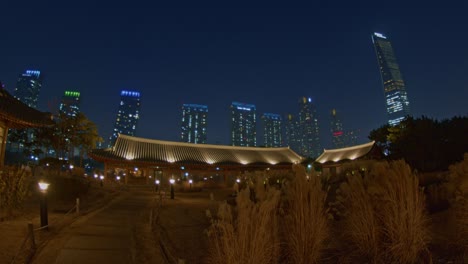 korean asian traditional architecture buildings view in the evening night city town urban style, incheon songdo, chinese, japanese, oriental skyscrapers and constructions wide angle view panorama