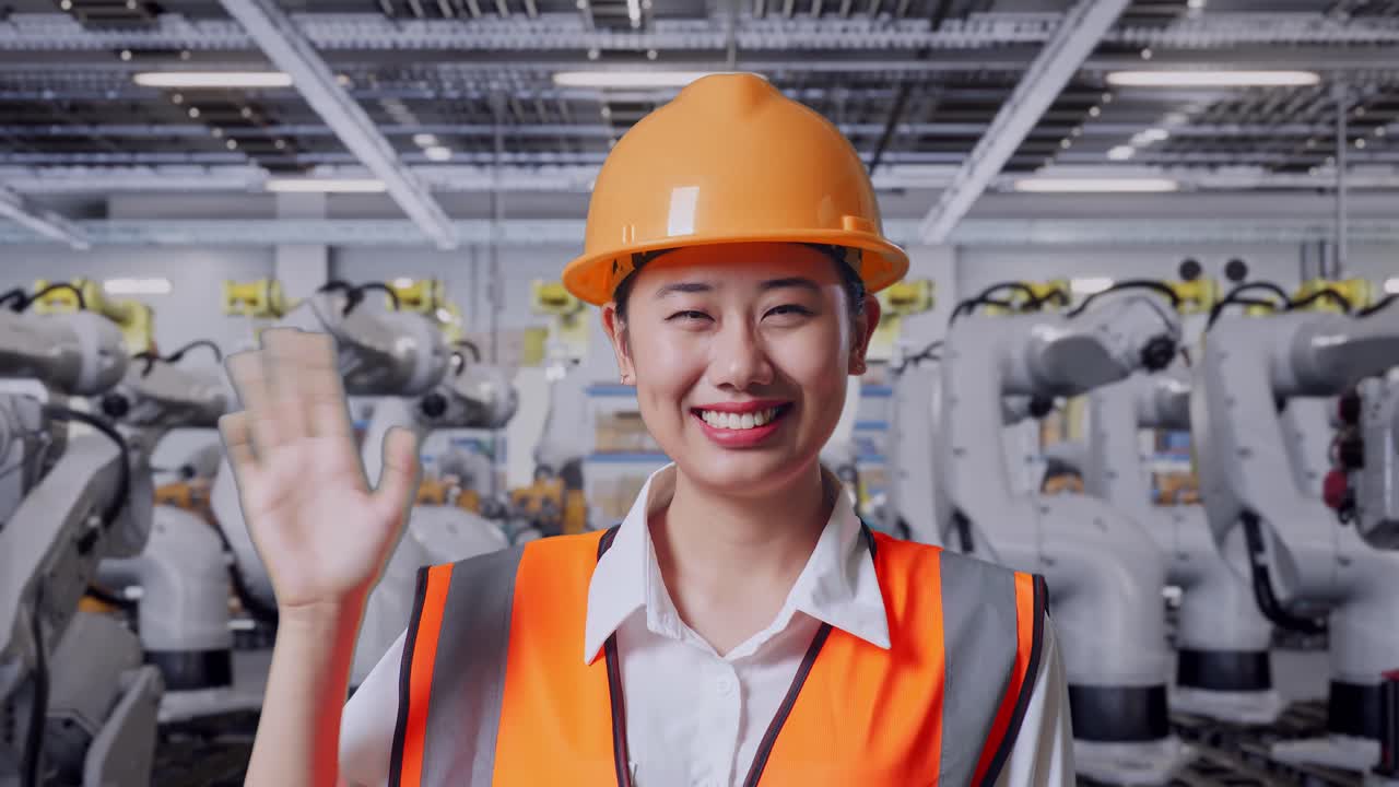 로이 있는 공장에서 미소 짓는 엔지니어