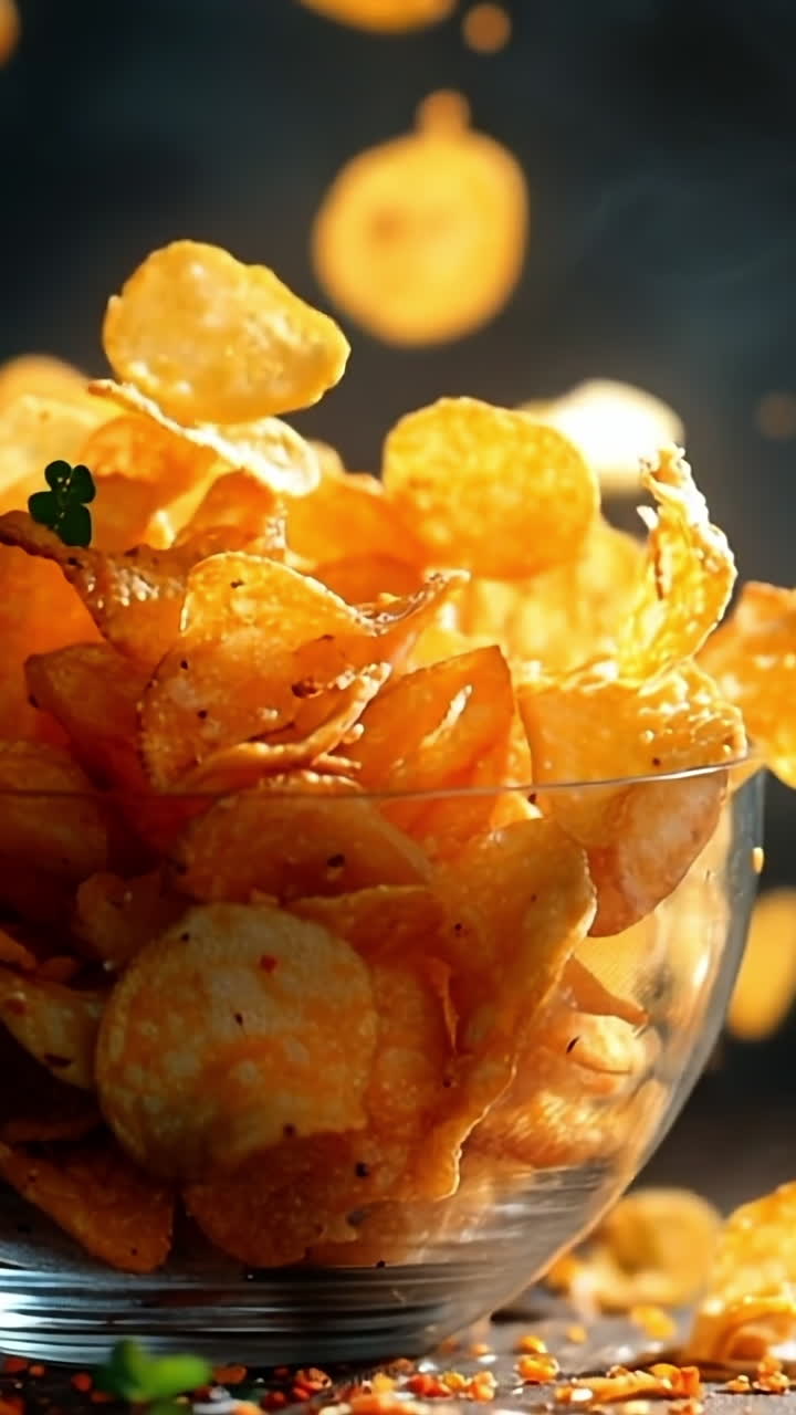Crunchy potato chips in a clear bowl. A clear bowl filled with golden potato chips spills onto a wooden surface, creating a tasty and inviting snack display.