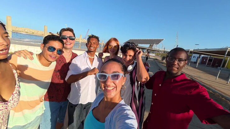 Gruppo di amici di diverse origini che registrano un video selfie all'aperto